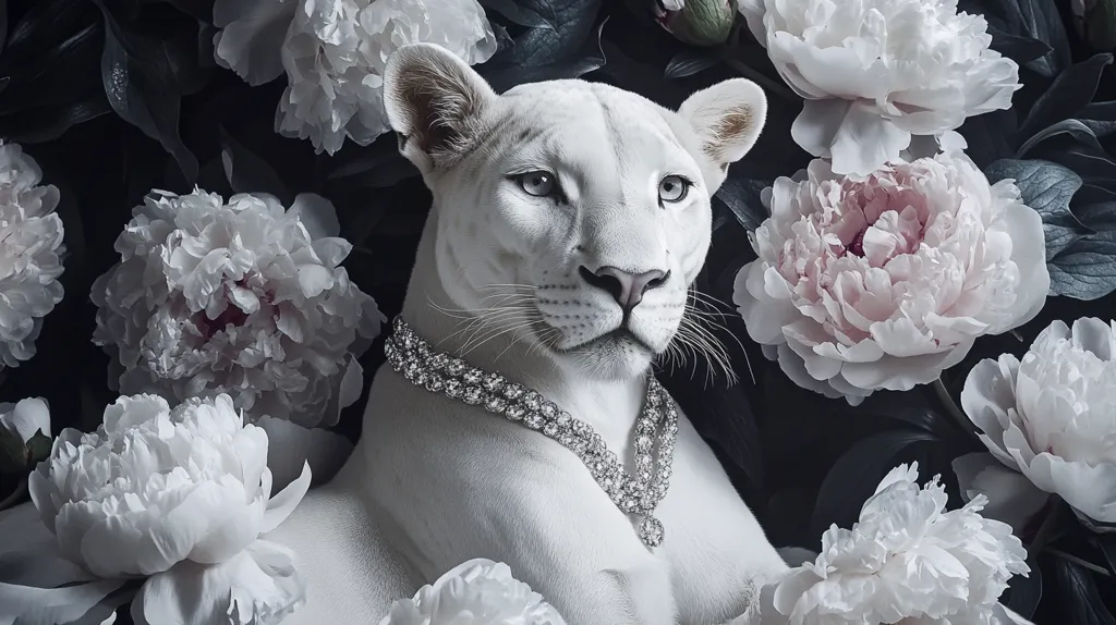 A majestic white lioness, adorned with a sparkling diamond necklace, is nestled amongst a profusion of delicate, pale pink and white peonies.  The dark background enhances the lioness's luminous fur and the flowers' soft petals, creating a striking contrast and elegant composition. The image evokes a sense of refined beauty and wild grace.