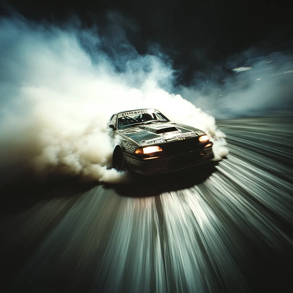 A light-colored race car, engulfed in a thick cloud of tire smoke, executes a dramatic drift at night.  The motion blur emphasizes the speed and intensity of the maneuver. The car's headlights cut through the smoky haze, creating a visually striking contrast against the dark background.  The image captures a moment of high-octane action and skill.