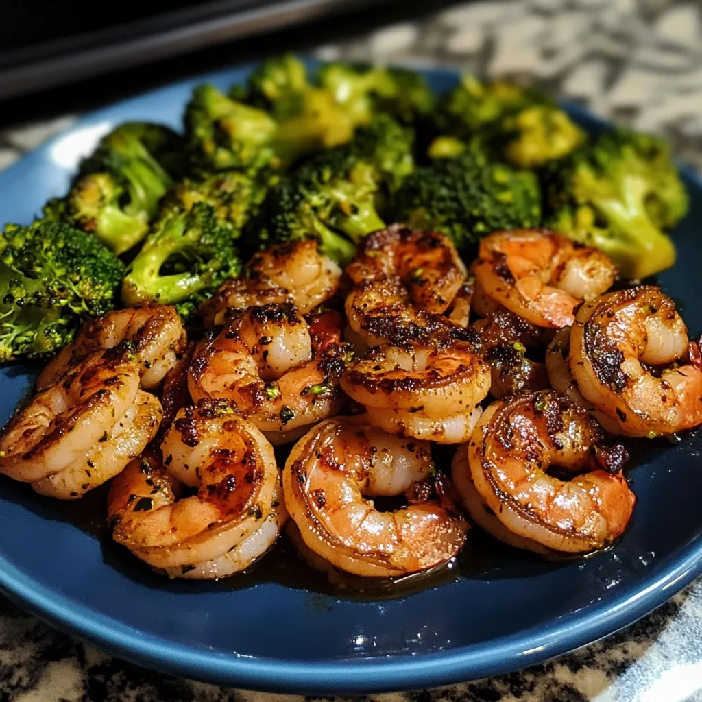 A blue plate holds a delicious meal of succulent, seasoned shrimp glistening with a flavorful glaze.  A generous portion of steamed broccoli provides a vibrant green contrast. The shrimp appear perfectly cooked, with a slightly charred exterior suggesting a flavorful grilling or pan-searing method. The overall presentation is simple yet appetizing.