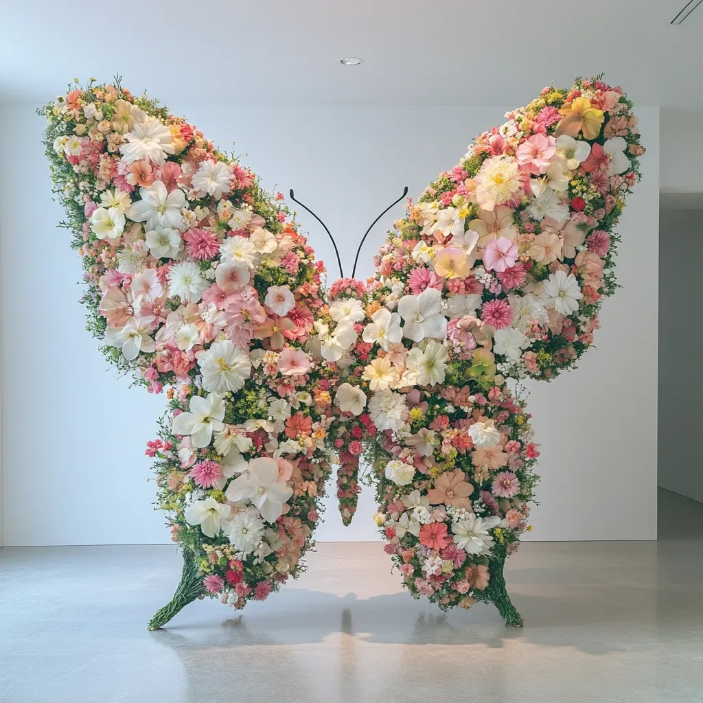 A large floral sculpture in the shape of a butterfly dominates the scene.  Constructed entirely of various pastel-colored flowers, predominantly pinks and whites, the butterfly's wings are densely packed with blossoms.  The delicate black wire frame supporting the flowers is barely visible. The sculpture stands on a polished floor in a minimalist, white-walled room.