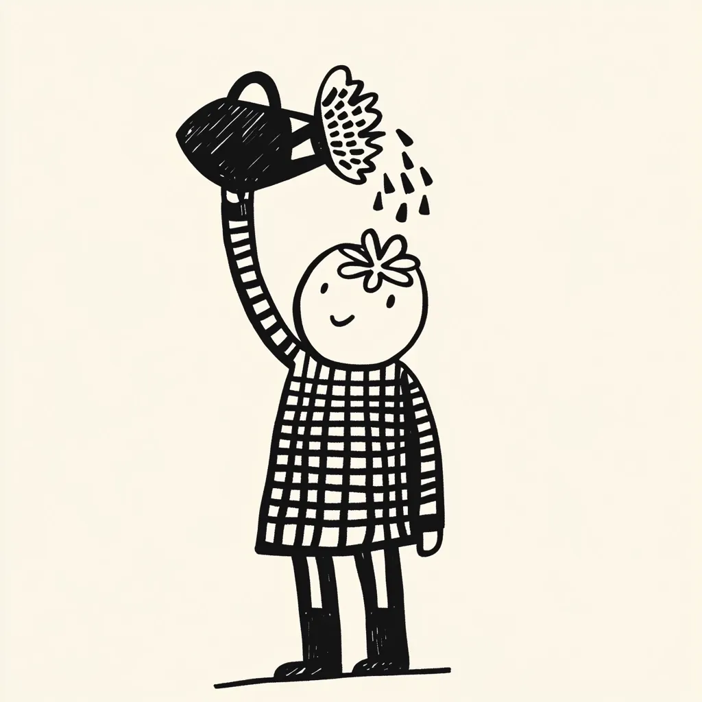 A child-like figure, dressed in a checkered tunic and boots, holds a watering can aloft.  Water pours from the can, seemingly nurturing a flower sprouting from their head. The drawing style is simple and playful, using bold black lines against a cream background. The image suggests growth, self-care, or nurturing one's inner self.