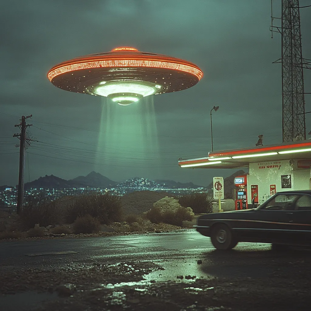 A classic flying saucer hovers over a deserted roadside gas station in a nocturnal setting.  A beam of light emanates from the craft, illuminating the scene.  A dark car sits at the gas pumps, seemingly abandoned.  Distant city lights twinkle in the background under a moody, dark sky. The overall aesthetic is retro-futuristic and slightly eerie.