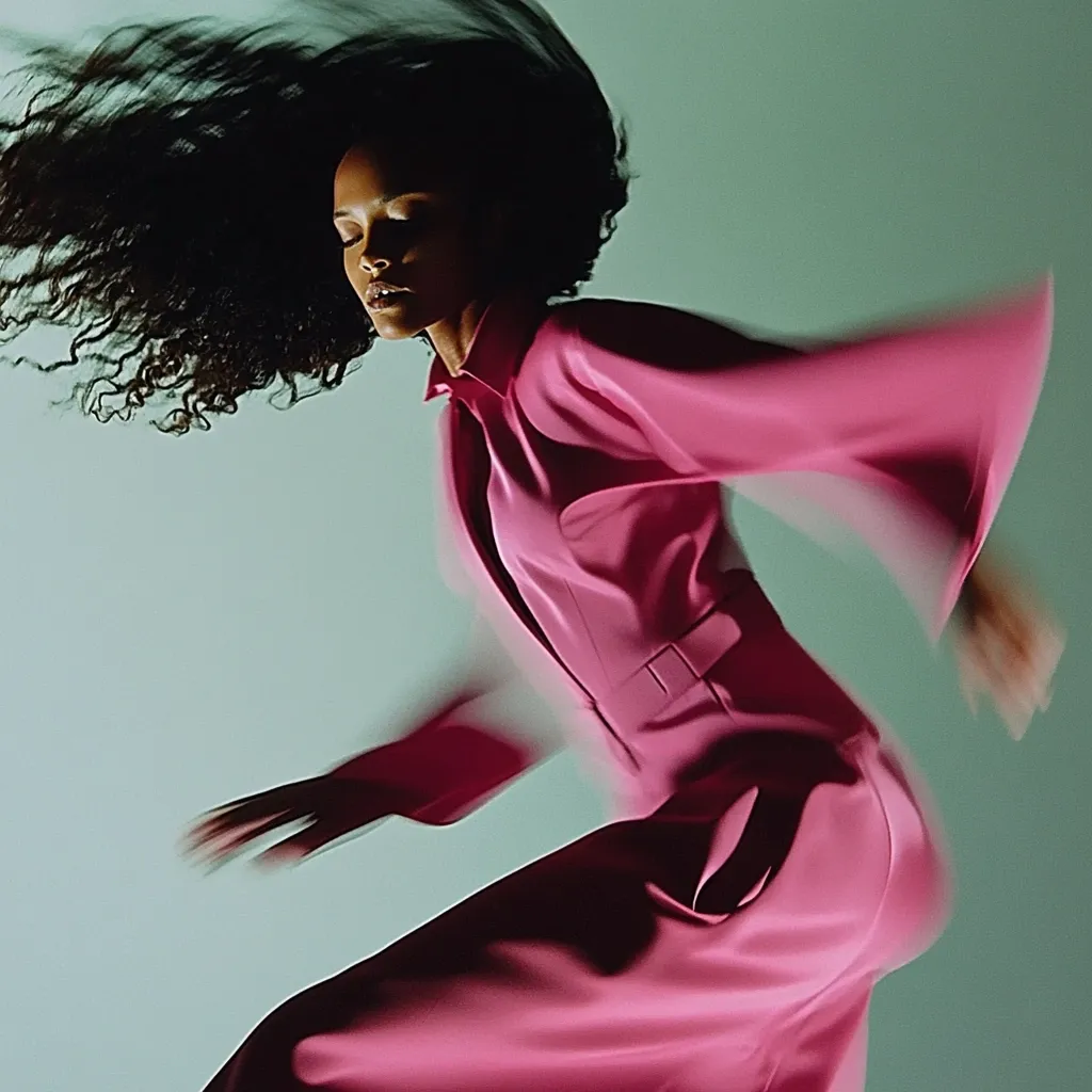 A woman with long, dark, curly hair wears a vibrant pink jumpsuit.  Her hair is dynamically blurred, suggesting movement.  The jumpsuit is a collared, wide-sleeved design, and the fabric appears sleek and possibly satin-like.  The overall image is stylized and fashion-focused, emphasizing movement and the fluidity of the garment. The background is a muted, light teal.