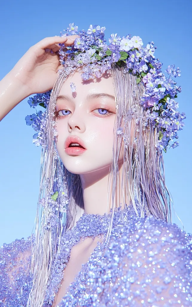 A young woman with long, pale lavender hair adorned with a crown of delicate purple flowers.  Her ethereal beauty is enhanced by soft, pale makeup and matching lavender-colored, sparkling attire.  The background is a clear, bright blue sky, creating a dreamy, otherworldly atmosphere.  The overall image is highly stylized and visually striking.