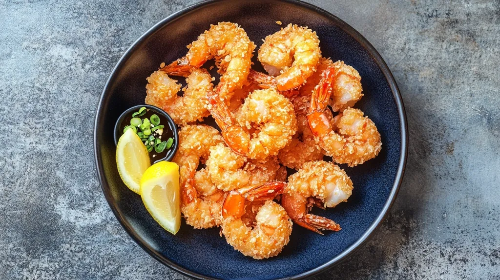 A dark blue bowl overflows with golden-brown, crispy shrimp.  The shrimp appear battered and deep-fried, showcasing a delicious texture.  A small dish of dark dipping sauce with green onions sits beside lemon wedges, offering a refreshing contrast to the rich, savory shrimp. The scene is presented from an overhead perspective on a textured gray background.