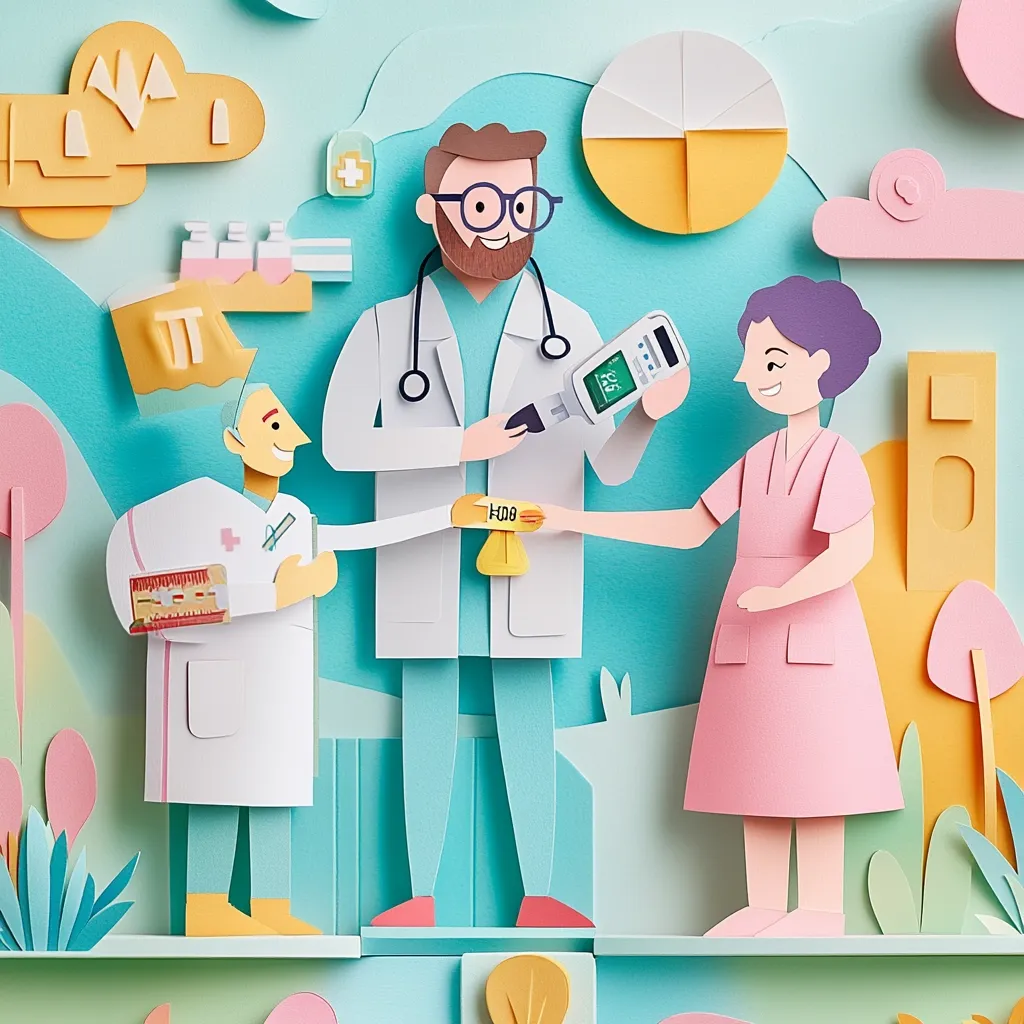 A papercraft illustration depicts a medical scene.  A male doctor in a white coat uses a device to test a female patient, assisted by a nurse.  The scene is vibrant and colorful, with pastel shades and layered paper elements creating a three-dimensional effect.  Pill bottles, medical charts, and other medical paraphernalia are subtly included in the background. The overall style is cheerful and reassuring.