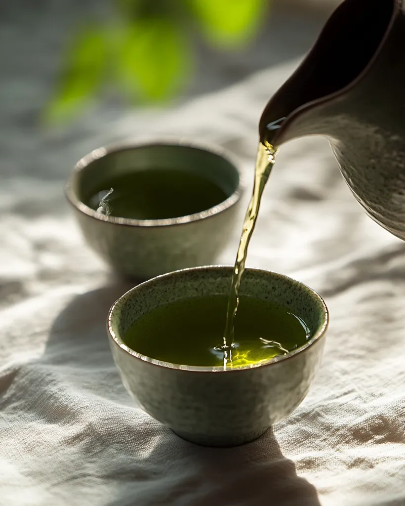 Green tea is being poured from a dark ceramic teapot into small, light-green ceramic bowls.  The tea is a vibrant yellow-green, and the bowls rest on a soft, beige linen cloth. The setting is serene and suggests a quiet, mindful tea ceremony.  The background is softly blurred, focusing attention on the pouring tea and the bowls.