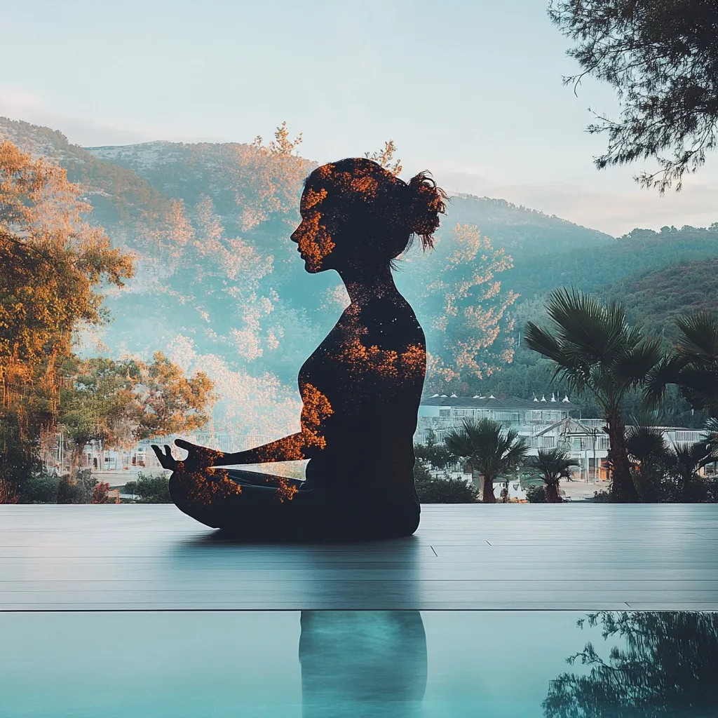 The image shows a silhouette of a woman meditating, superimposed over a serene landscape.  Her pose is peaceful, hands resting on her knees.  The background features a tranquil scene of mountains, trees, and a calm body of water, enhancing the feeling of serenity and inner peace. The double exposure technique blends the woman and the environment, suggesting a connection between inner stillness and the beauty of nature.