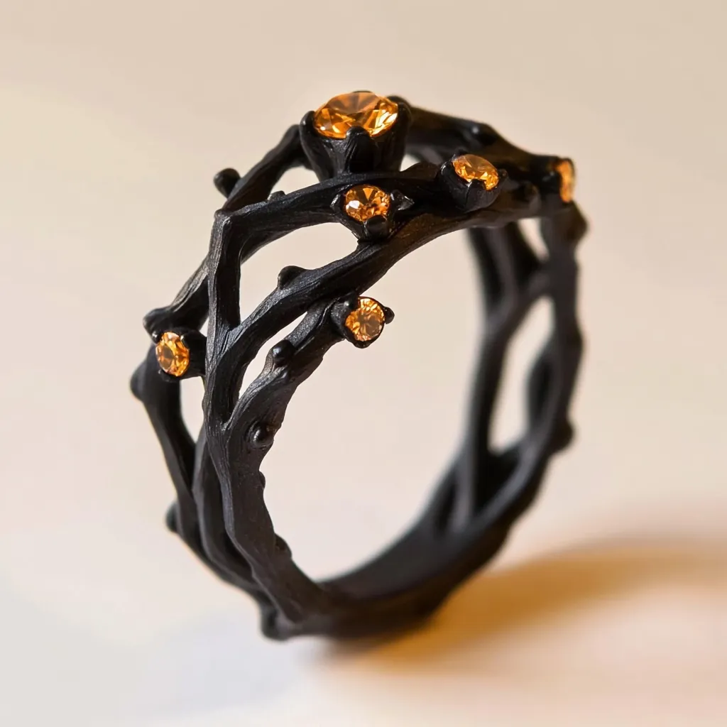 A striking black ring, crafted to resemble intertwined branches, is adorned with several small, warm-toned gemstones.  The organic design creates a unique and textured piece of jewelry. The contrast between the dark metal and the bright stones is visually captivating. The ring's intricate detailing showcases exceptional craftsmanship.