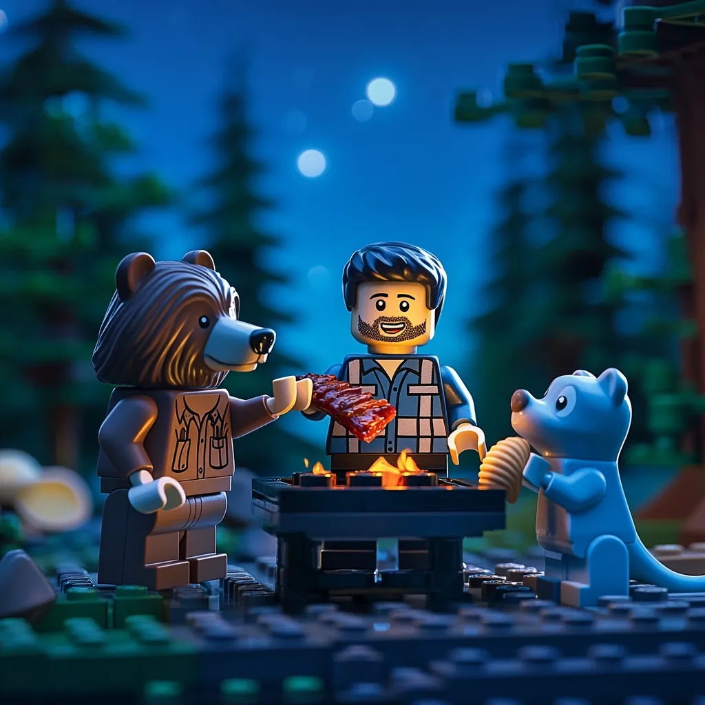 A whimsical nighttime scene features LEGO minifigures enjoying a campfire. A man cooks a piece of meat at the fire, while a bear and a small creature look on expectantly.  The scene is set in a forest under a dark blue night sky, enhanced with bokeh effects creating a magical atmosphere.  The warm glow of the fire contrasts beautifully with the cool tones of the background.