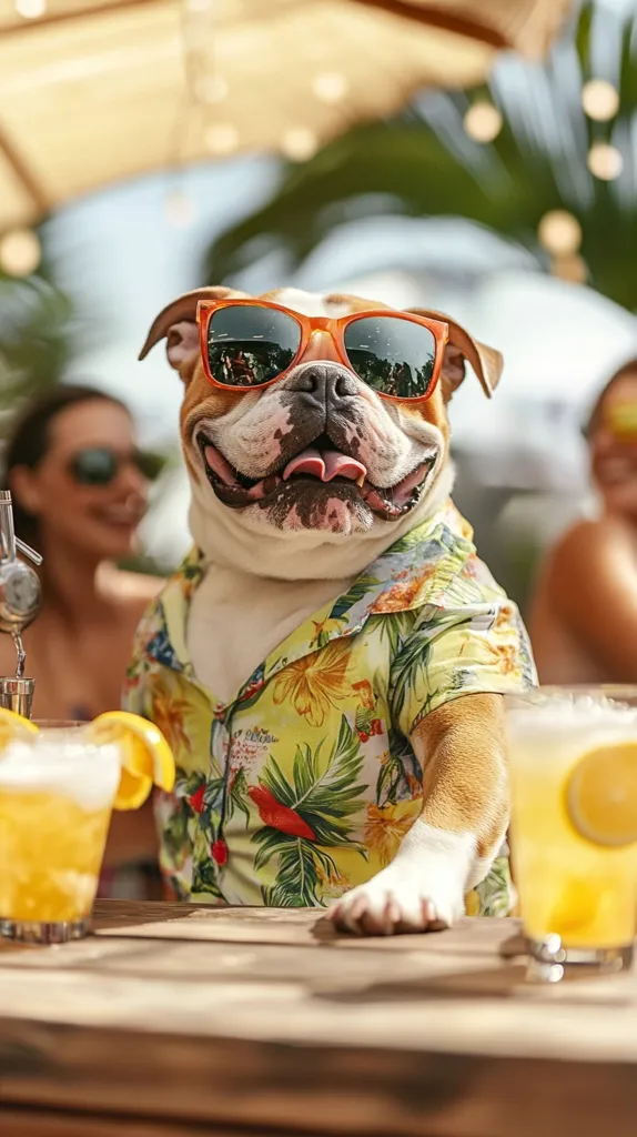 A bulldog, wearing orange sunglasses and a vibrant floral shirt, sits at an outdoor bar.  Two cocktails with lemon slices garnish the scene.  The dog appears relaxed and content, possibly enjoying the tropical atmosphere with two people blurred in the background.  The overall mood is lighthearted and fun.