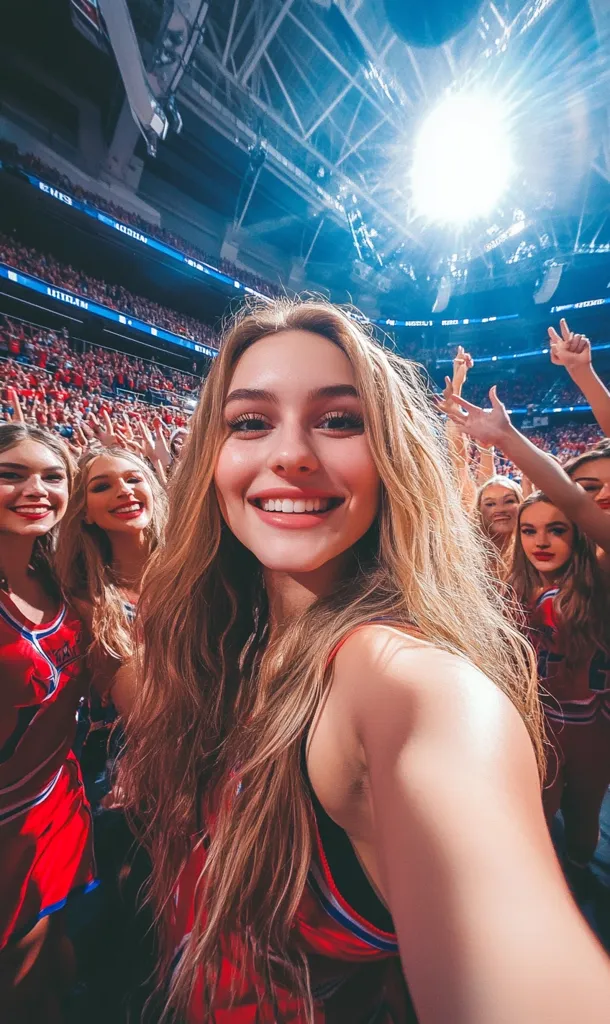 A young woman with long, wavy blonde hair takes a selfie amidst a cheering crowd at a basketball game.  She's smiling brightly, wearing a red and white cheerleading uniform.  Other cheerleaders surround her, their red uniforms visible. The bright lights of the arena shine down on the excited crowd in the background.  The atmosphere is energetic and celebratory.
