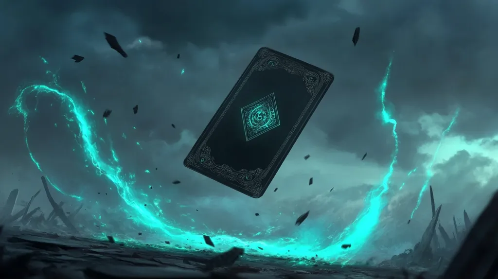 A dark, ornate card floats amidst a turbulent, teal energy surge.  Debris scatters across a desolate landscape beneath a stormy sky. The card's design is intricate, featuring a glowing central symbol.  The scene evokes a sense of magical power and destruction, possibly depicting a powerful spell or ritual.