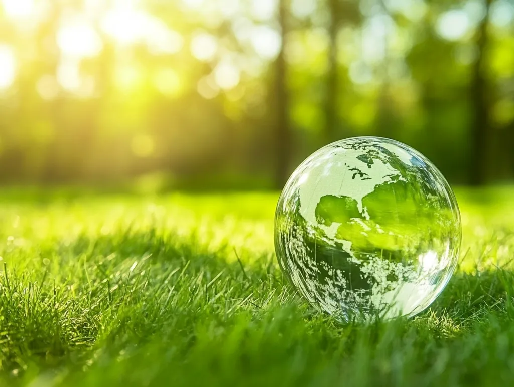 A glass globe rests gently on vibrant green grass, bathed in sunlight.  The blurred background reveals a lush forest, suggesting a serene and natural environment.  The image symbolizes environmental conservation and the beauty of the Earth.  The globe's continents are subtly etched, enhancing the eco-conscious theme.