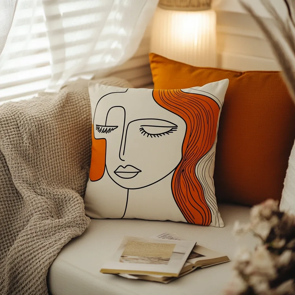 A cozy corner features a cream-colored throw pillow adorned with a minimalist line drawing of a woman's face with vibrant orange hair.  It rests on a light beige couch, alongside a burnt orange accent pillow and a textured beige throw. A stack of books sits on the couch, adding a touch of relaxed elegance to the scene, bathed in soft, warm light.