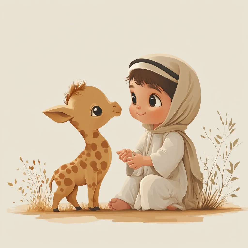 A charming illustration depicts a young boy, dressed in a beige robe and head covering, gently interacting with a baby giraffe.  The boy's large, expressive eyes mirror the giraffe's, creating a heartwarming scene of innocent connection.  Sparse, delicate plants frame the pair, suggesting a serene, desert-like setting. The soft, muted color palette enhances the peaceful ambiance of the artwork.