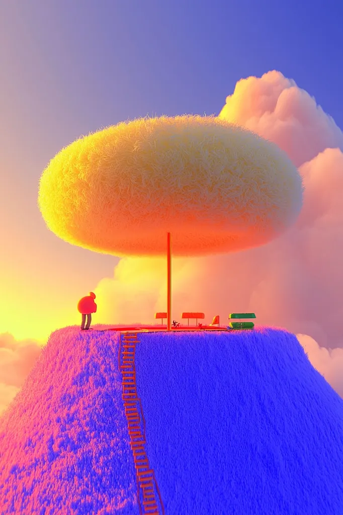 A surreal landscape features a fluffy, yellow cloud-like structure serving as a giant parasol over a small, vibrant platform atop a fluffy purple hill. A lone figure stands on the platform, observing a small scene with benches and a vehicle.  A wooden ladder descends the hill, leading to a dreamy, colorful sky filled with soft clouds. The overall aesthetic is playful and whimsical.