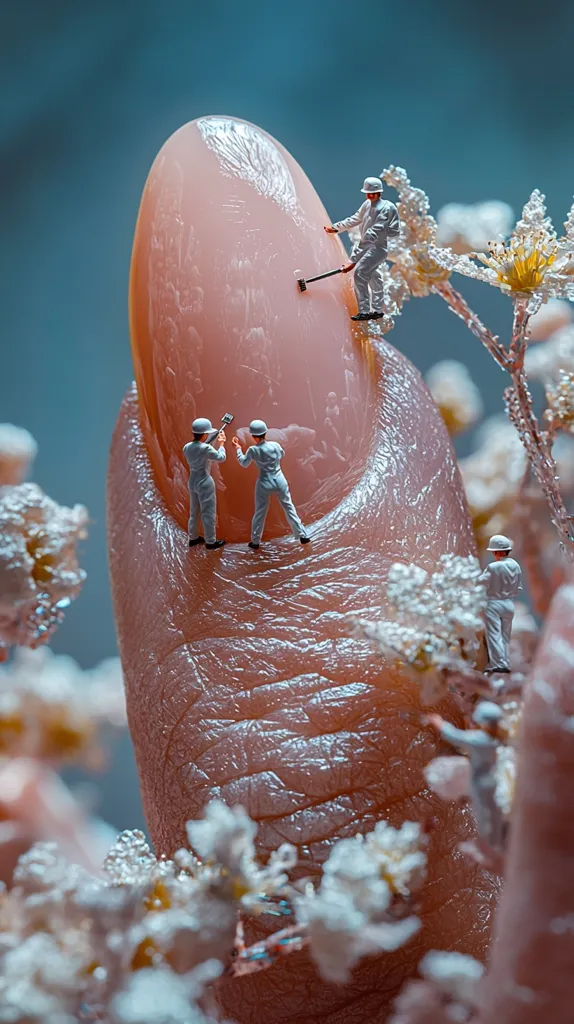 Miniature workers, clad in white, meticulously work on a human fingernail, using tiny tools.  The scene is set against a backdrop of delicate, frost-covered flowers, creating a whimsical and surreal contrast between the scale of the workers and their environment. The fingernail itself is the central focus, its texture emphasized by the miniature scale of the figures.