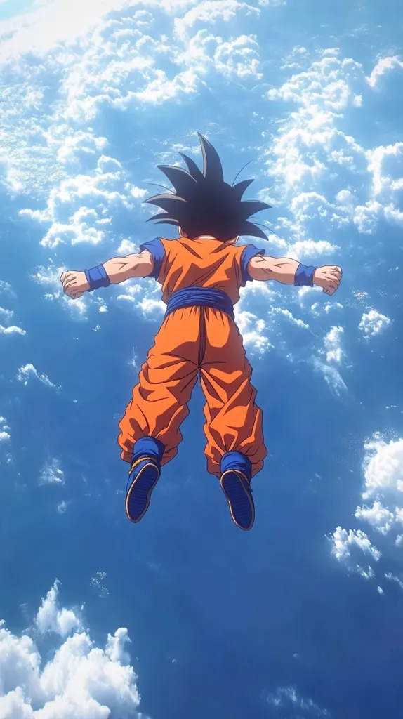 A stylized anime character, resembling Goku, is depicted falling through a vibrant blue sky dotted with fluffy white clouds.  The character's back is to the viewer, arms outstretched, wearing his iconic orange gi. The scene evokes a sense of freedom and boundless energy against the serene backdrop of the heavens.  The art style is clean and detailed, emphasizing the character and his movement through the air.