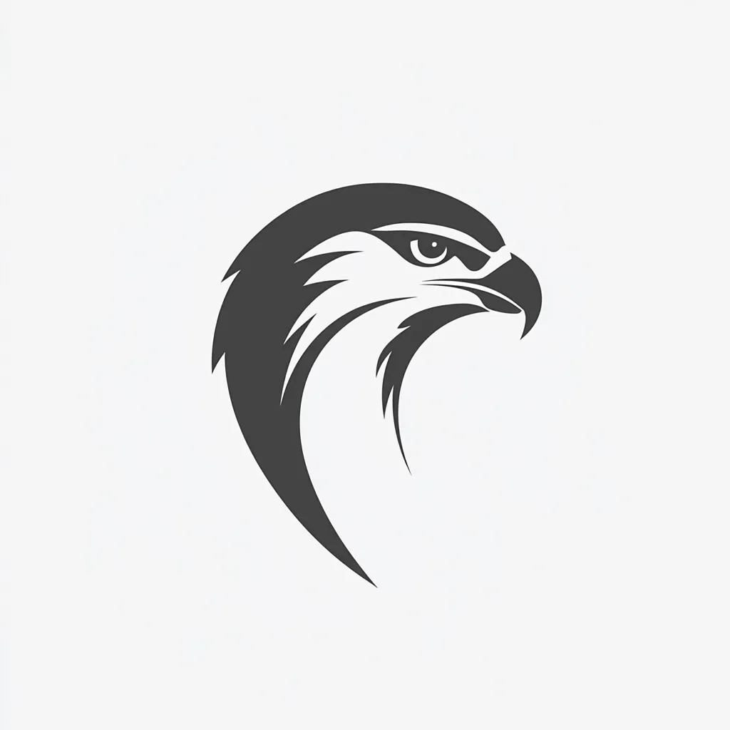 The image shows a stylized profile of a hawk's head.  The design is minimalist, using a dark grey silhouette against a white background.  The hawk's eye is sharply defined, and the feathers are suggested through subtle lines and curves. The overall impression is one of strength, power, and focus. The design would be suitable for a logo or emblem.
