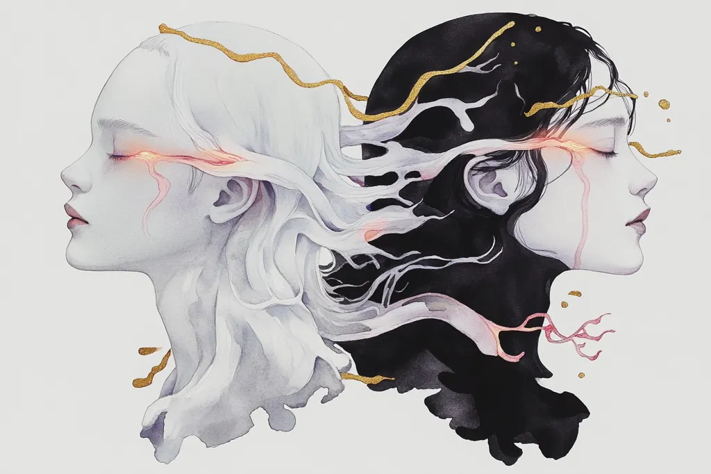 A watercolor painting depicts two ethereal female figures, their profiles facing opposite directions.  One is rendered in shades of white and grey, the other in black.  Their hair flows together, intertwined, with streaks of gold and delicate, coral-colored lines resembling veins or energy connecting their eyes.  The overall impression is one of duality and interconnectedness, perhaps representing opposing forces in harmony.