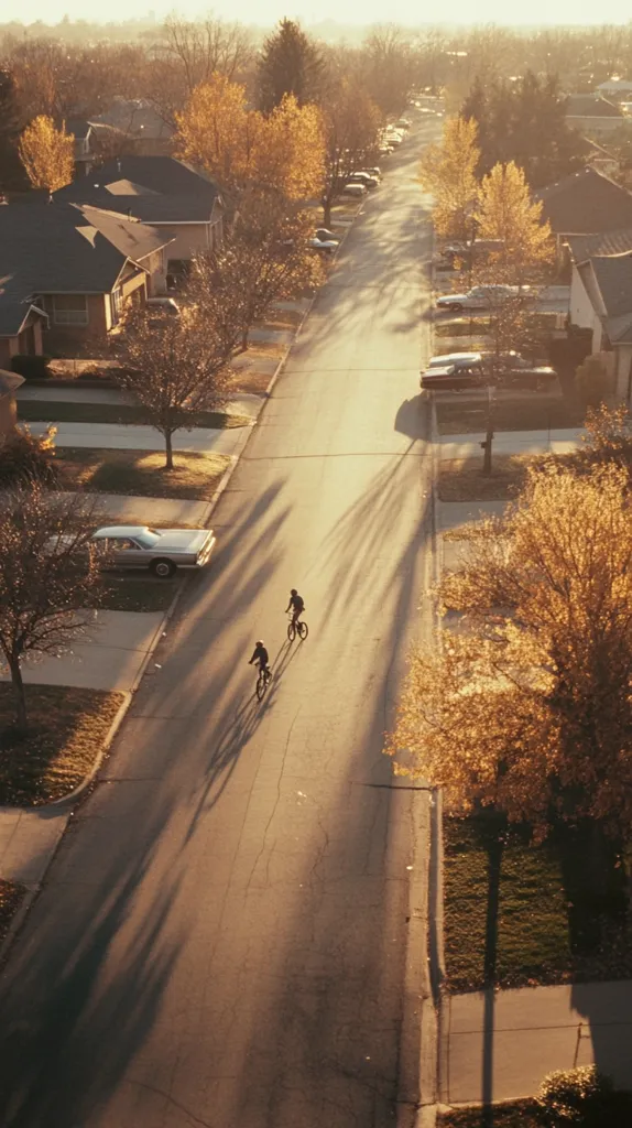 An aerial view of a residential street bathed in the golden light of sunset.  Two cyclists pedal down the quiet road, their shadows stretching long on the pavement. Autumnal trees line the street, their leaves a warm, amber hue.  Cars are parked along the driveways of neat suburban houses.  The scene evokes a peaceful and idyllic suburban setting.