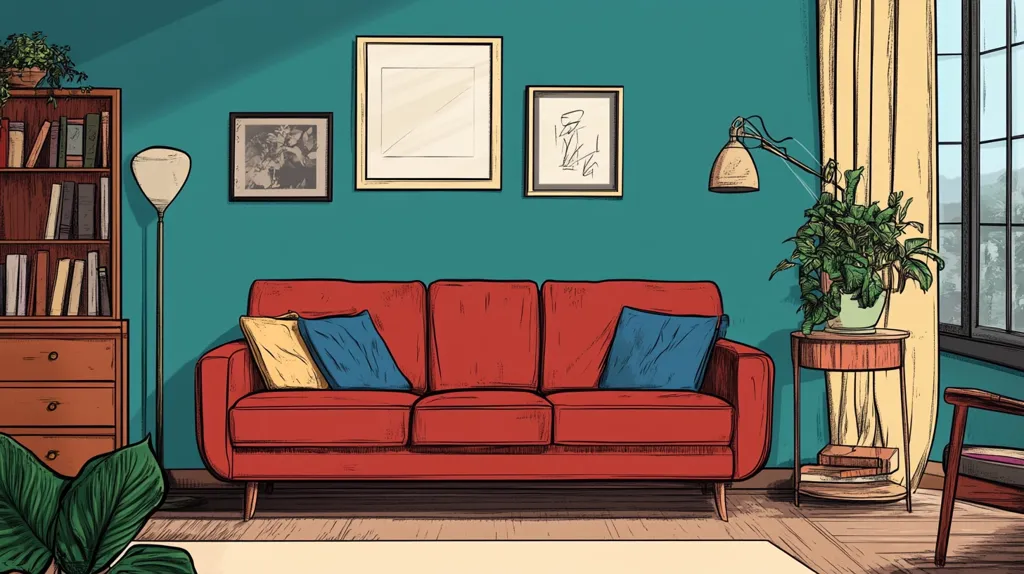A teal-walled living room features a red sofa with blue and yellow throw pillows.  A floor lamp stands beside a wooden bookcase filled with books and a chest of drawers.  Framed artwork adorns the walls, and a potted plant sits on a small side table near a window with yellow curtains.  The style is reminiscent of mid-century modern design, rendered in a vintage comic book aesthetic.  A wooden chair is partially visible in the bottom right corner.