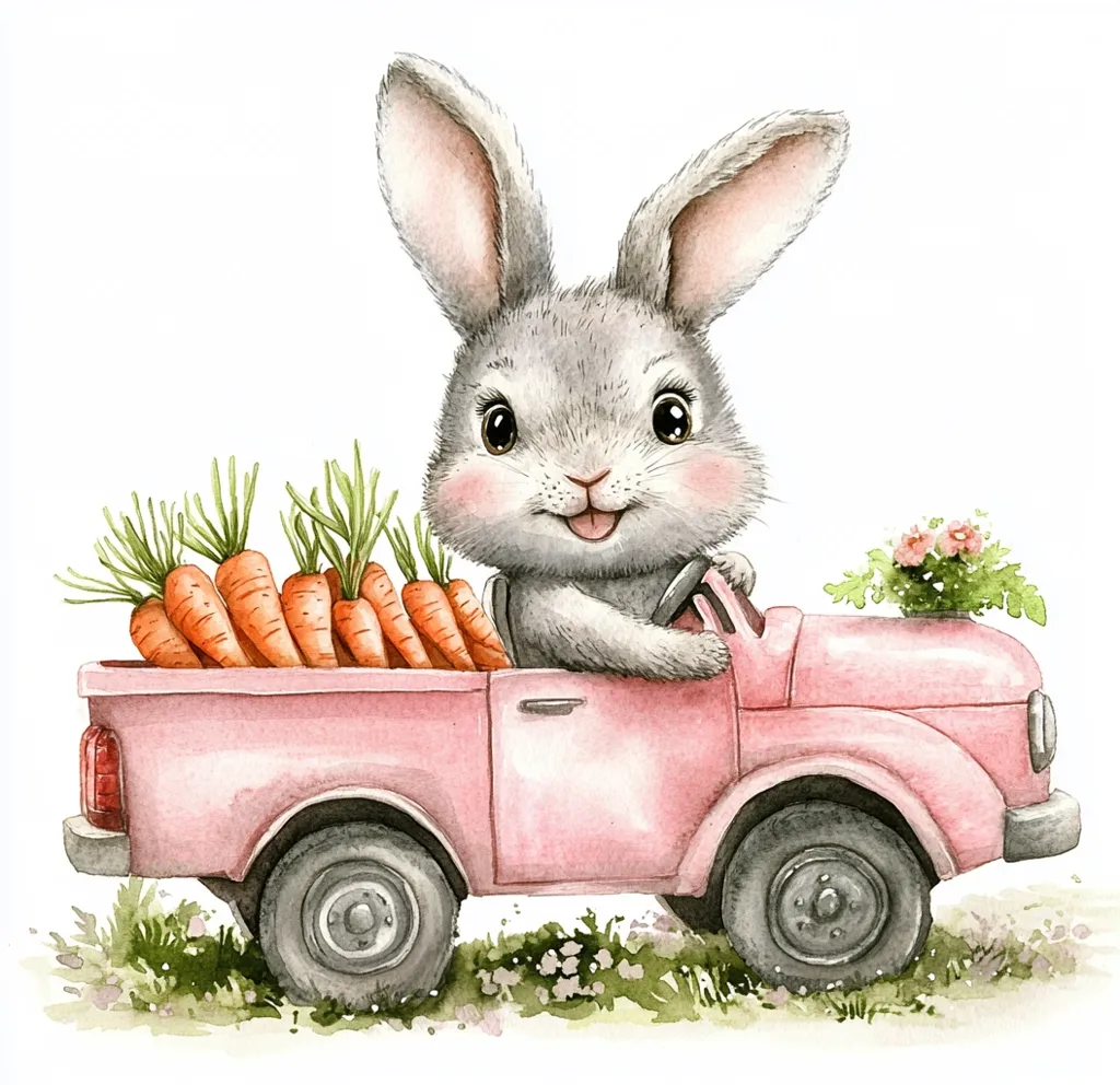 An adorable gray bunny sits in a pink pickup truck filled with fresh carrots.  The bunny smiles contentedly, holding the steering wheel.  The truck is surrounded by small flowers and grass, creating a charming, whimsical springtime scene, rendered in a watercolor style.  It’s a cute illustration, perhaps for a children's book or Easter card.