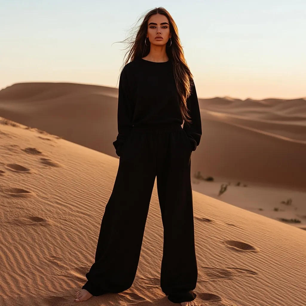A woman with long brown hair stands in a desert landscape. She is wearing a black sweatshirt and wide-leg pants. The setting sun casts a warm glow on the sand dunes.  Her pose is confident and serene, creating a striking image against the natural backdrop.  The overall aesthetic is minimalist and stylish.