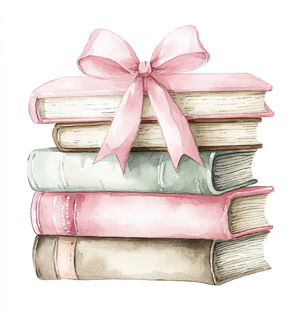 A watercolor illustration depicts a stack of books adorned with a large pink ribbon bow.  The books are pastel shades of pink, green, and beige, suggesting a vintage or antique aesthetic.  The ribbon is neatly tied atop the stack, adding a touch of elegance and whimsy to the image. The overall style is delicate and charming.