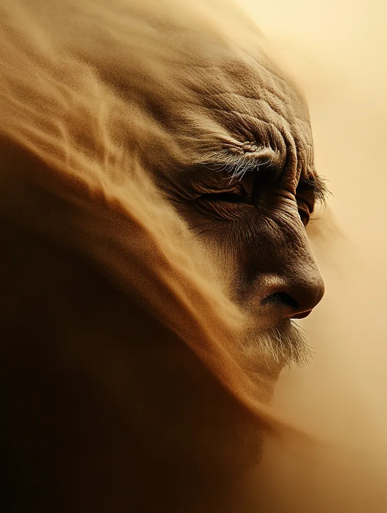 A close-up profile view of an elderly man's weathered face, partially obscured by a swirling sandstorm.  His eyes are closed, and his expression appears weary. The image evokes a sense of hardship and resilience in the face of harsh environmental conditions. The sepia tones enhance the dramatic atmosphere.