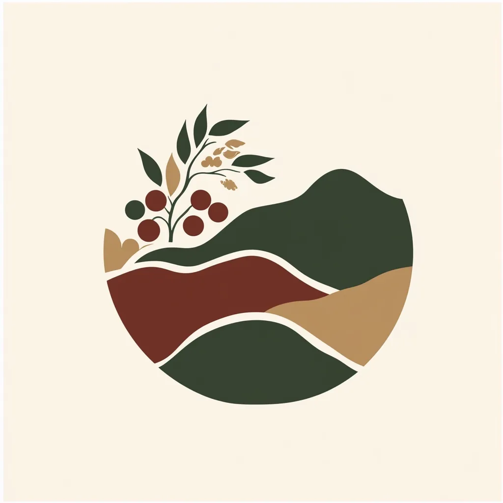A stylized circular illustration features a landscape of rolling hills in shades of green, maroon, and beige.  A small plant with red berries and gold accents is positioned on the hillside, adding a touch of nature to the abstract design. The overall aesthetic is minimalist and earthy, utilizing muted tones and simple forms.