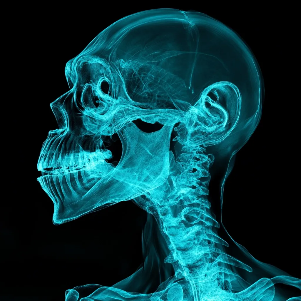 A cyan-toned, three-dimensional rendering of a human skull and upper cervical spine.  The image is detailed, showcasing the intricate structure of the bones, and is set against a black background, giving it a translucent, almost ethereal quality. The skull is viewed in profile, and the vertebrae extend down the neck.