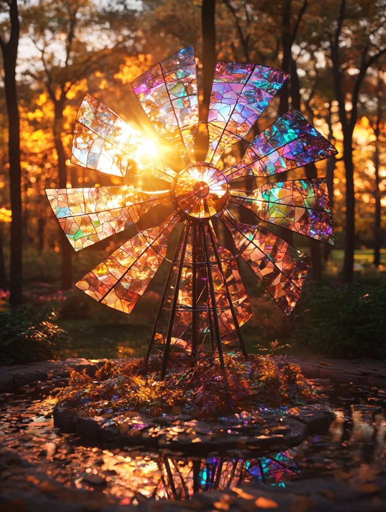 A stunning stained-glass windmill stands in a serene autumnal setting.  The vibrant colors of the glass are illuminated by the setting sun, casting a warm glow on the surrounding landscape.  The windmill is situated on a small island in a reflective pond, creating a picturesque and enchanting scene amidst a backdrop of golden trees. The intricate details of the glasswork are enhanced by the soft light, showcasing a beautiful blend of art and nature.