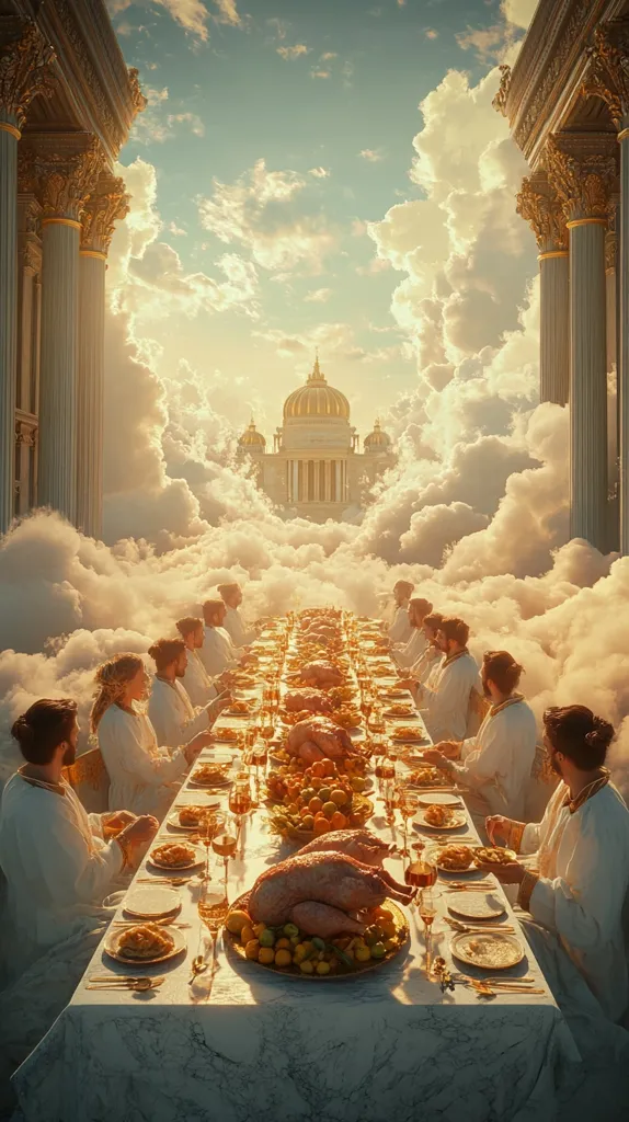 A celestial feast unfolds amidst clouds, with a majestic golden cathedral in the distance.  People in white robes are seated at a long table laden with roasted turkeys, fruits, and fine glassware.  The scene is ethereal, suggesting a heavenly banquet within a classical architectural setting, bathed in warm, golden light.  The overall mood is one of serene grandeur and divine abundance.