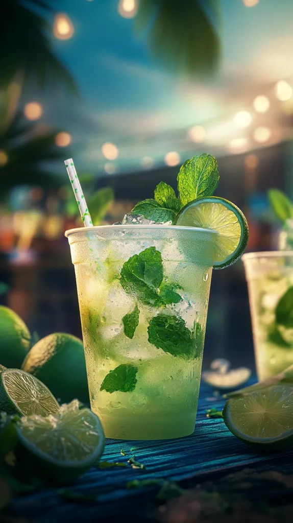 A refreshing mojito cocktail in a plastic cup is the focus of this image.  Garnished with fresh mint leaves and a lime wedge, the icy drink sits on a dark blue wooden surface amongst other limes.  The background is blurred, suggesting an outdoor tropical setting with warm lighting, evoking a summery, vacation atmosphere.