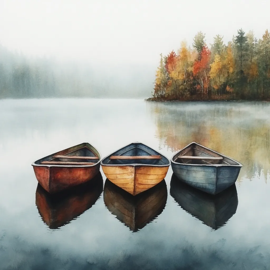 Three small rowboats, in muted autumnal colors, are moored side-by-side on a tranquil, foggy lake.  The boats are reflected perfectly in the still water.  In the background, a small island with colorful autumn trees is partially obscured by mist. The scene evokes a sense of peace and quietude.