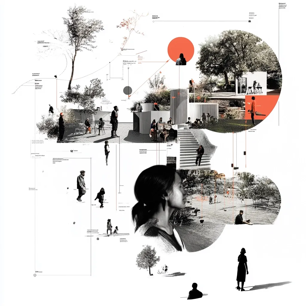 A complex collage depicts a park-like setting with various people in grayscale, overlaid with architectural diagrams and red circles.  The central focus is a woman in profile, juxtaposed against abstracted depictions of urban spaces and social interactions.  Lines and annotations suggest connections between the elements, creating a layered and multifaceted representation of community and environment. The overall aesthetic is modern and conceptual, hinting at a design study or artistic exploration of urban life.
