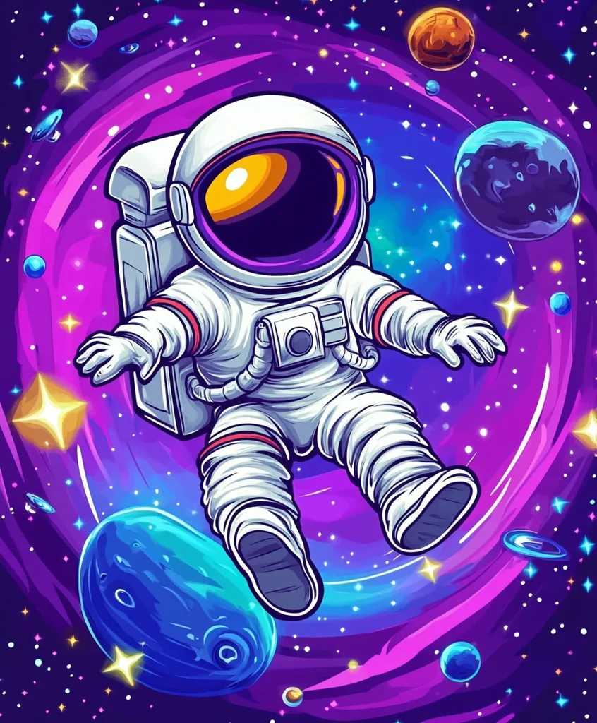 A stylized illustration depicts an astronaut floating in a vibrant, cosmic swirl.  The astronaut, rendered in a cartoonish style with bold lines and colors, is surrounded by planets and stars.  The background features a swirling nebula in shades of purple, blue, and pink, creating a dynamic and energetic scene. The astronaut's suit has purple accents, contrasting with the white spacesuit.  The overall aesthetic is playful yet visually captivating.