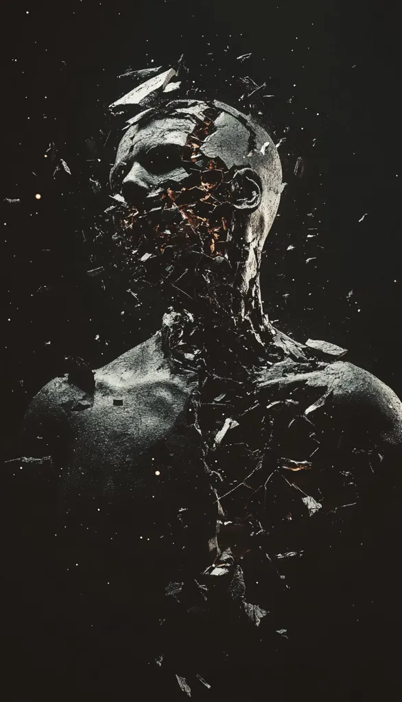 A dark, abstract image depicts a human-like figure shattering into fragments. The figure's head and torso are visibly disintegrating, with pieces flying outwards against a black backdrop.  Glowing embers or sparks are interspersed among the debris, creating a dramatic and unsettling effect. The overall tone is one of destruction and decay.