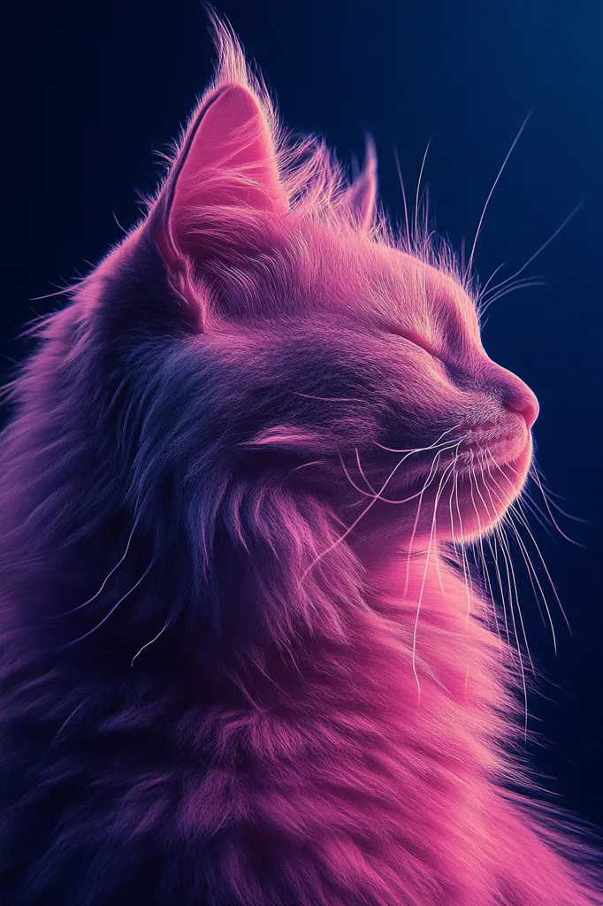 A long-haired cat, bathed in vibrant pink and purple hues, is captured in profile.  Its eyes are closed, suggesting a peaceful state. The fur is meticulously detailed, showcasing individual strands. The dark background emphasizes the cat's luminous coat, creating a striking contrast and ethereal aesthetic. The image evokes a sense of calm and beauty.