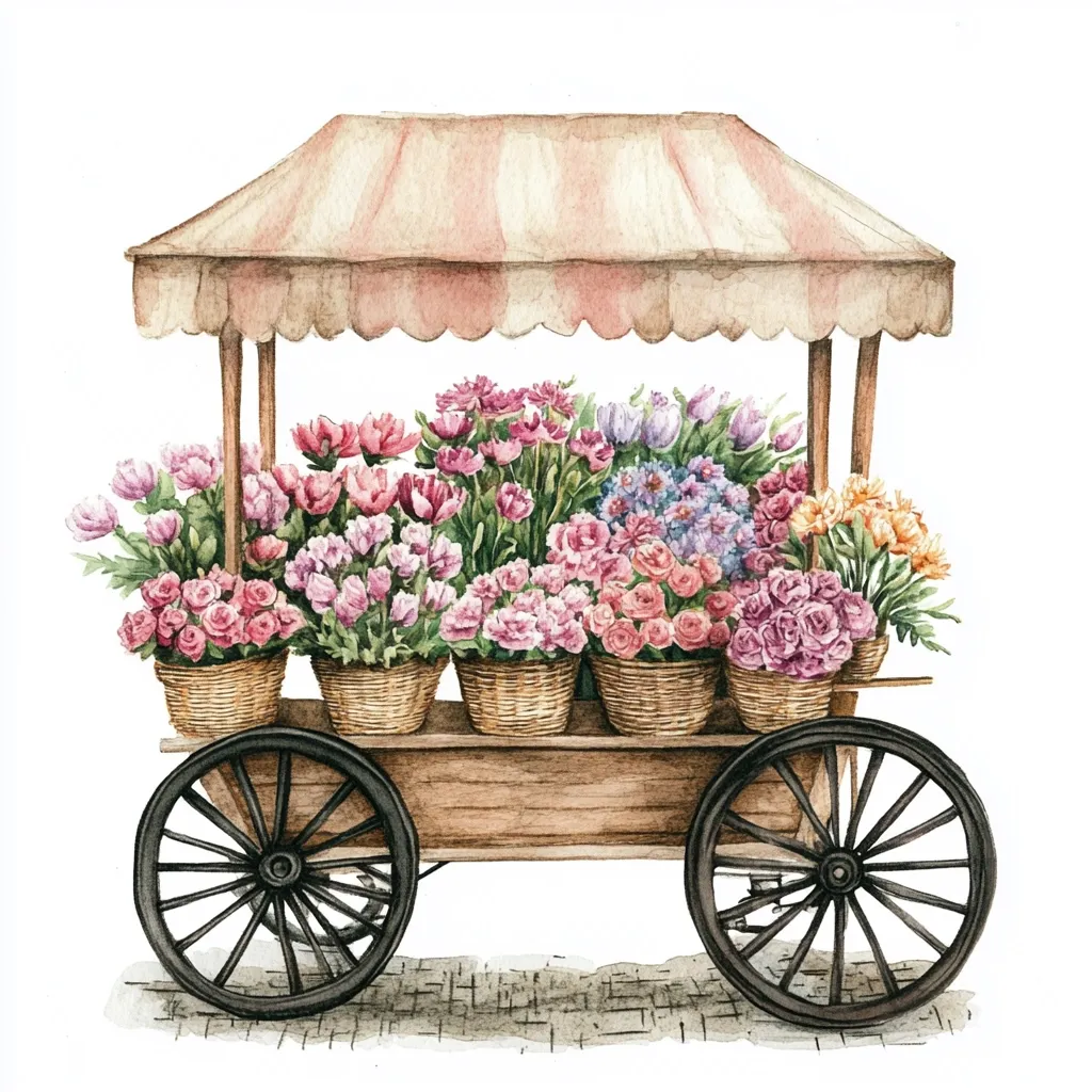 A charming watercolor painting depicts a flower cart overflowing with various blooms.  Pink, purple, and orange flowers are arranged in wicker baskets on a rustic wooden cart with black spoked wheels. A striped awning provides shade, creating a picturesque scene of a quaint flower stall. The detail is exquisite, showcasing the beauty of the flowers and the charm of the cart.