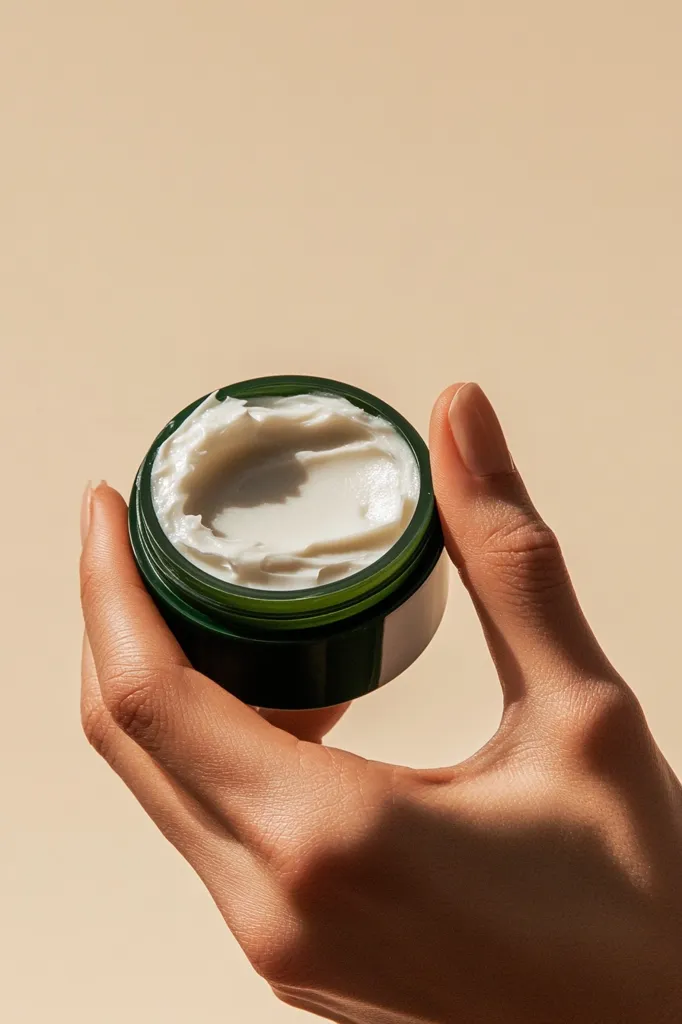A hand holds a small, dark green jar of cream. The jar is open, revealing a dollop of off-white, creamy substance.  The background is a soft, neutral beige. The image emphasizes the texture of both the cream and the skin, highlighting a simple, clean aesthetic.  The lighting is soft and natural.
