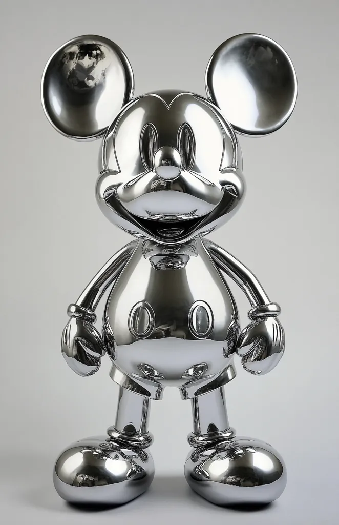 A chrome Mickey Mouse figurine stands against a light gray background.  The highly polished surface reflects light, creating a striking visual effect.  The figure is a stylized representation of the iconic character, with its characteristic large ears, gloves, and shorts. The detail is sharp, showing the smooth curves and reflective qualities of the material. The overall impression is one of sleek modernity and pop art.