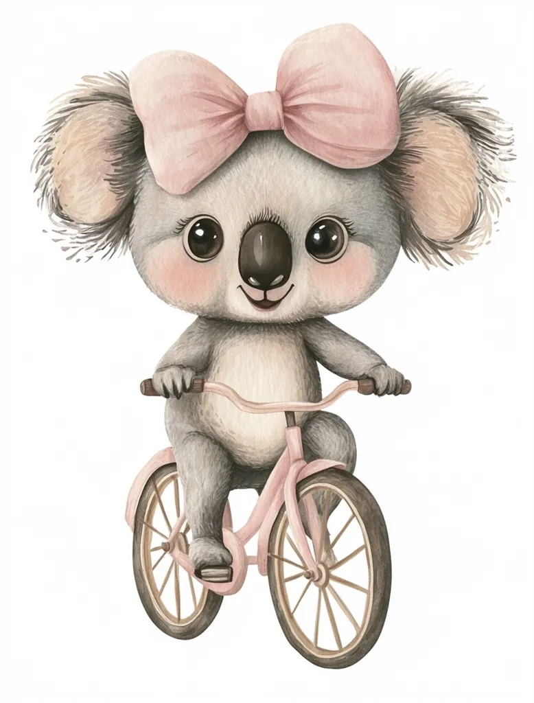 An adorable koala, adorned with a pale pink bow, sits atop a pastel pink bicycle.  The watercolor illustration showcases the koala's sweet features and fluffy ears.  The bicycle's small size and the koala's posture suggest a childlike innocence and playful nature. The overall style is charming and whimsical.