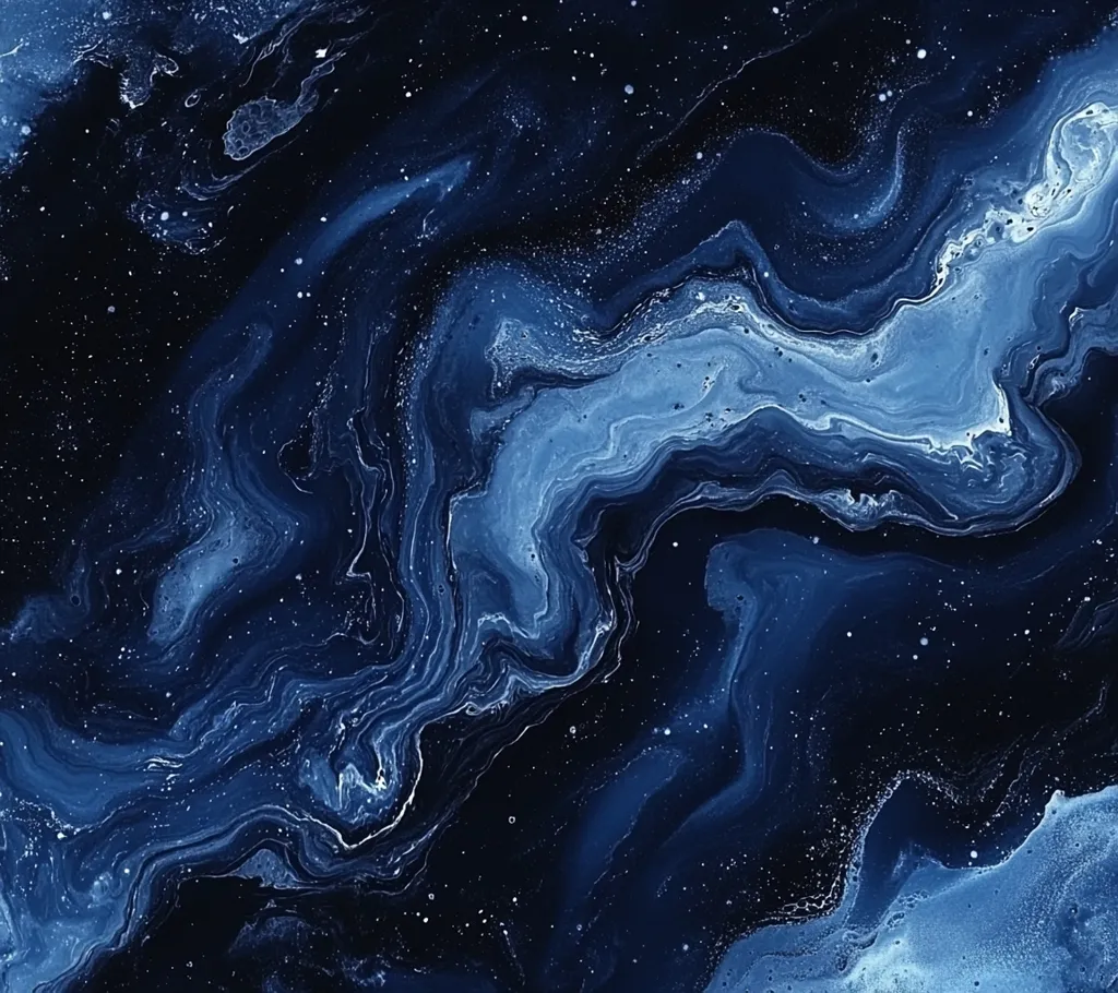 A mesmerizing abstract painting dominated by deep blues and hints of lighter shades.  The swirling, marbled texture resembles a cosmic nebula or deep ocean currents.  Tiny flecks of white add a starry effect, enhancing the ethereal and otherworldly feel. The fluidity of the paint creates a dynamic, captivating visual.
