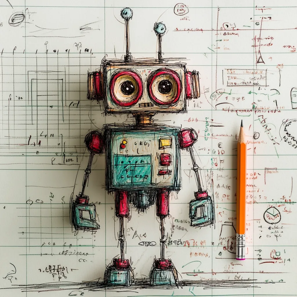 A whimsical hand-drawn robot, rendered in colored pen, is superimposed on a page filled with engineering notes and calculations.  The robot's design is simplistic yet charming, with large expressive eyes.  An orange pencil rests beside it, suggesting the design process. The background's technical drawings and equations create a context of invention and creation.