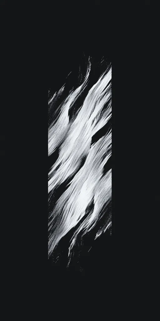 A monochromatic image showcases a vertical, textured stroke of white paint against a stark black backdrop. The paint appears thick, with visible brushstrokes creating a dynamic, flowing effect. The white element is roughly rectangular, angled slightly, and its edges are somewhat irregular, adding to the artwork's organic feel.  The contrast between the white and black is striking, emphasizing the texture and movement within the piece.