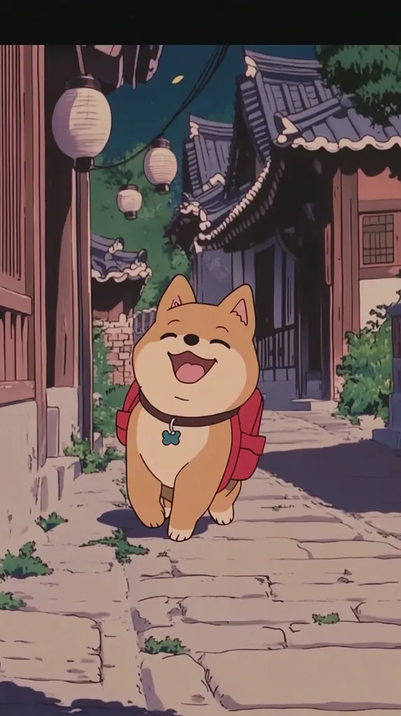 A happy Shiba Inu puppy, wearing a small red backpack, strolls down a charming, stone-paved alleyway in a quaint Asian town.  Traditional houses with dark roofs and paper lanterns line the street. The scene is bathed in soft, evening light, creating a serene and peaceful atmosphere reminiscent of an anime setting.  The puppy's joyful expression adds to the overall heartwarming feel of the image.