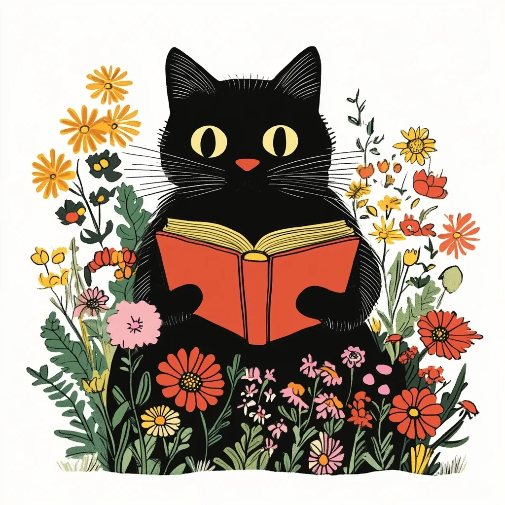A charming illustration depicts a black cat engrossed in reading a red book.  The cat sits serenely amidst a vibrant profusion of colorful wildflowers, creating a whimsical and peaceful scene. The cat's large, expressive eyes and the detailed floral arrangement contribute to the artwork's overall appeal.  The style is reminiscent of vintage children's book illustrations.